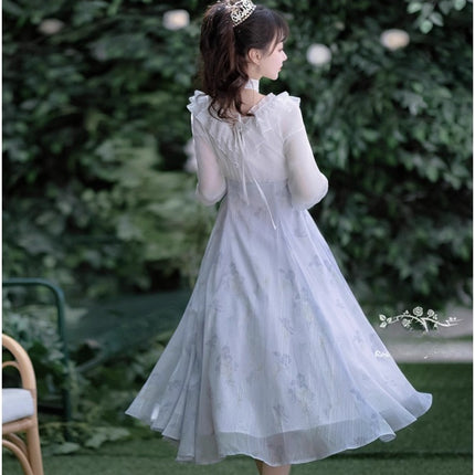 Lolita Fairy Dress! Lace Puff Sleeves + Light Blue Floral Maxi Skirt, Spring Garden Date Outfit