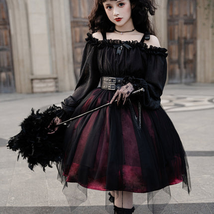 Vintage Square Neck Dark Gothic Black Lolita OP Dress Mid & Long Length