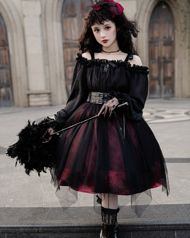 Vintage Square Neck Dark Gothic Black Lolita OP Dress Mid & Long Length