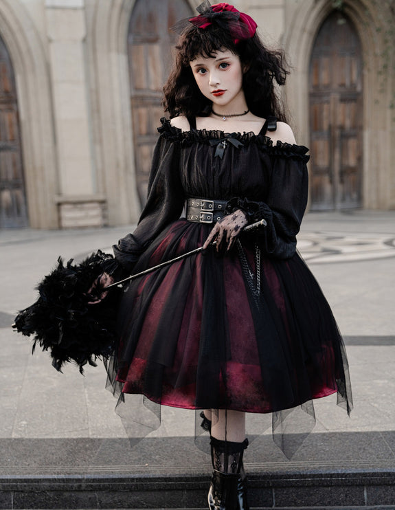 Vintage Square Neck Dark Gothic Black Lolita OP Dress Mid & Long Length