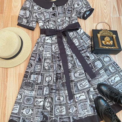 Vintage Postage Stamp Lolita Dress – Classic American Retro Short Sleeve OP for Daily Wear