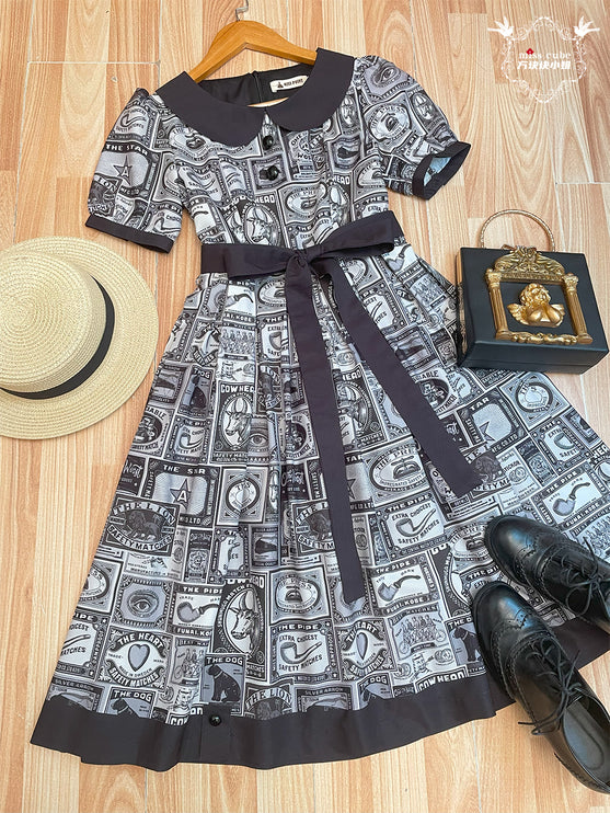 Vintage Postage Stamp Lolita Dress – Classic American Retro Short Sleeve OP for Daily Wear