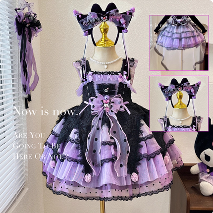 Elegant Black and Purple Lolita Dress for Girls - Intricate Lace and Ruffled Skirt - Perfect for Tea Parties and Special Occasions