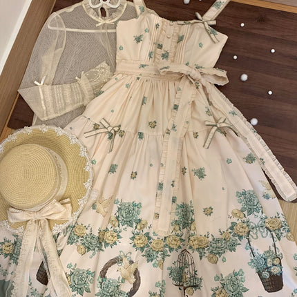 Bluebird Garden Lolita JSK – Elegant Floral Print Cla Series Dress with Waist Tie and Scalloped Hem