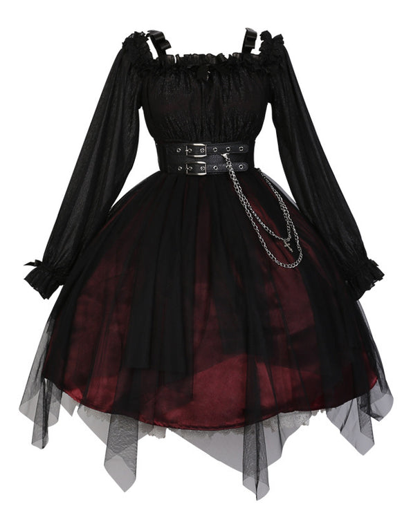 Vintage Square Neck Dark Gothic Black Lolita OP Dress Mid & Long Length