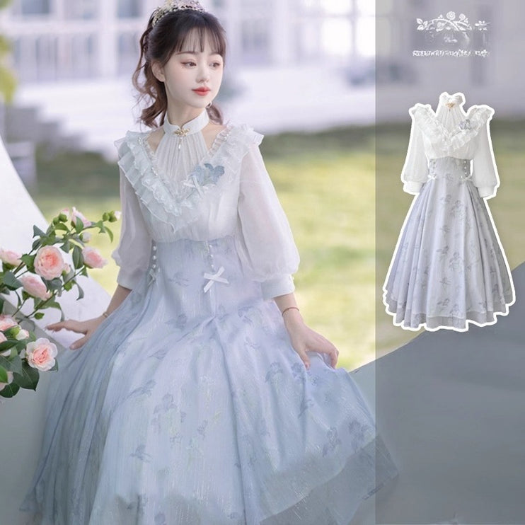 Lolita Fairy Dress! Lace Puff Sleeves + Light Blue Floral Maxi Skirt, Spring Garden Date Outfit