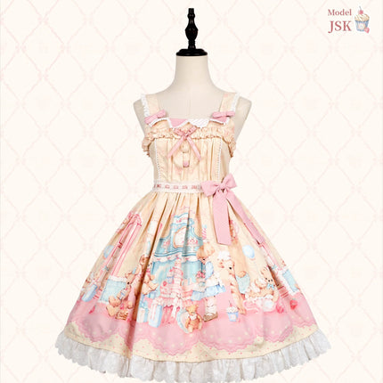 Teddy Bear's Cream Party Sweet Lolita JSK with Lace and Ribbon Accents