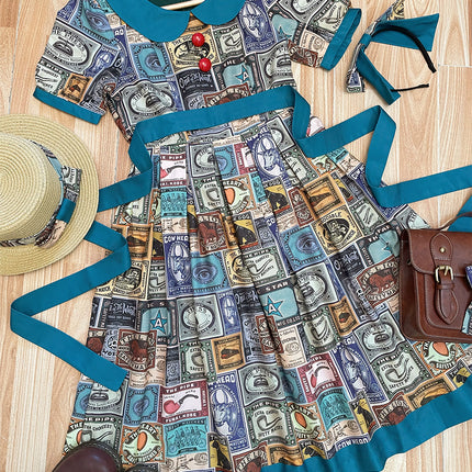 Vintage Postage Stamp Lolita Dress – Classic American Retro Short Sleeve OP for Daily Wear