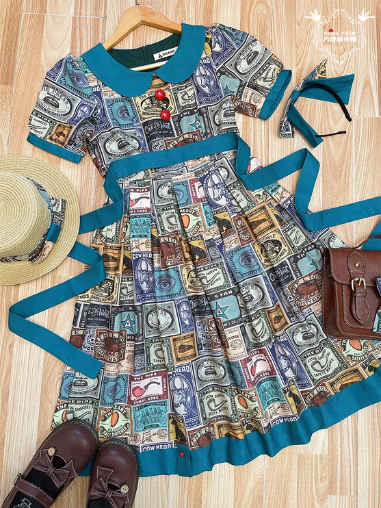 Vintage Postage Stamp Lolita Dress – Classic American Retro Short Sleeve OP for Daily Wear