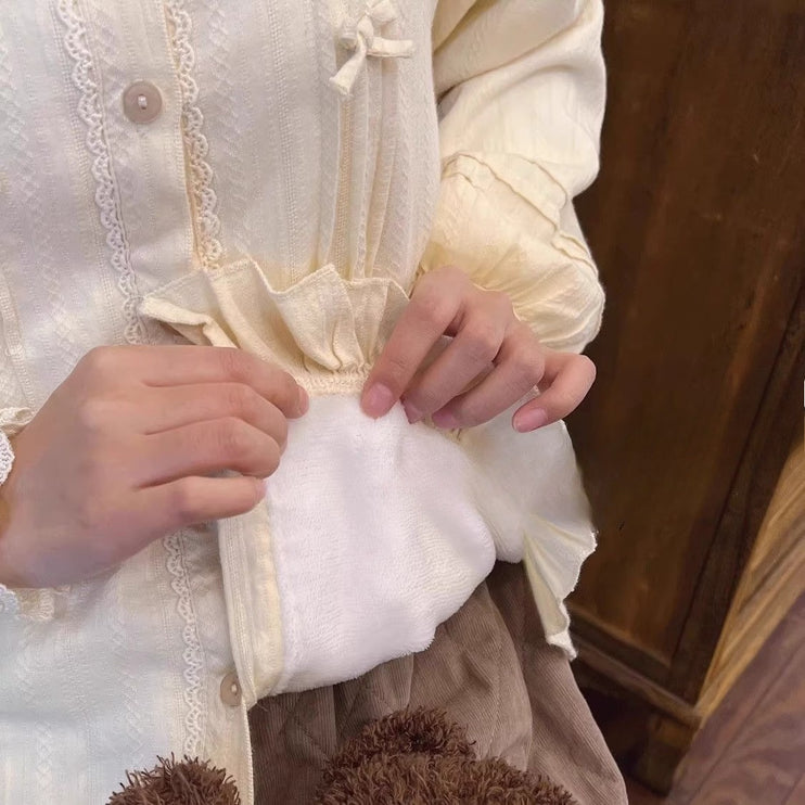 Vintage - style White or Cream Blouse with Peter Pan Collar, Bows and Ruffles