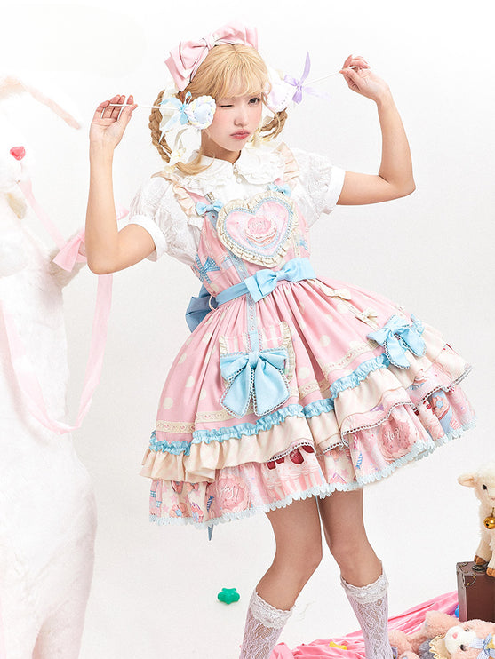 Icing Sweetheart JSK Pastel Tiered Lolita Dress with Lace Trimmings And Big Bow