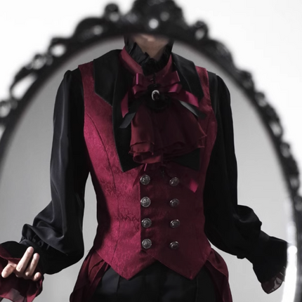 Twin Prince-Inspired Lolita Set – Black and Red Gothic High-Low Hoop Skirt with Vest and Shirt Design