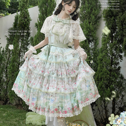 Elegant Vintage Floral Lolita JSK with Ruffled Details and Adjustable Waist Ties