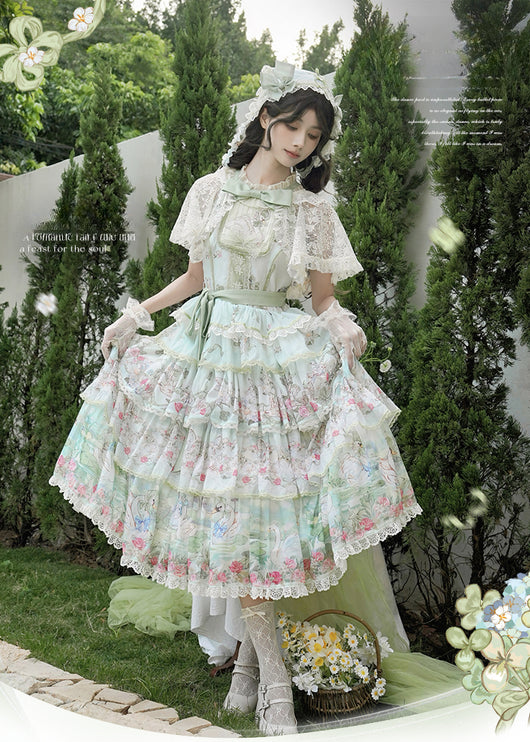 Elegant Vintage Floral Lolita JSK with Ruffled Details and Adjustable Waist Ties