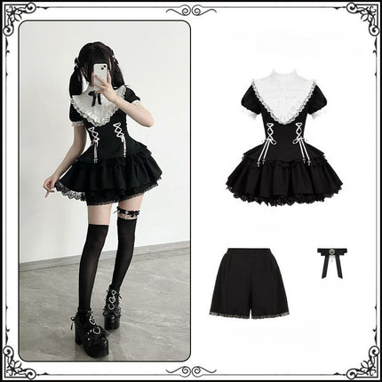 Gothic Lolita Dress with White Lace Collar, Long Sleeves and Lace - up Details