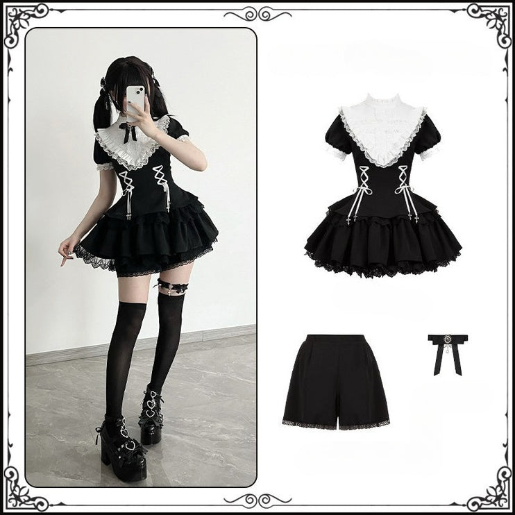 Gothic Lolita Dress with White Lace Collar, Long Sleeves and Lace - up Details