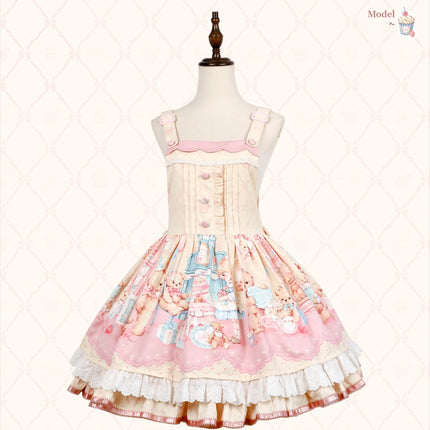 Teddy Bear's Cream Party Sweet Lolita JSK with Lace and Ribbon Accents