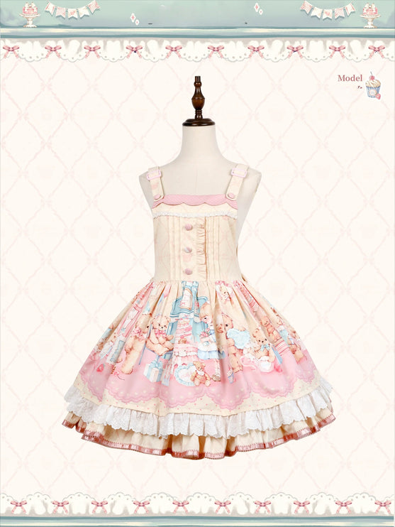 Teddy Bear's Cream Party Sweet Lolita JSK with Lace and Ribbon Accents
