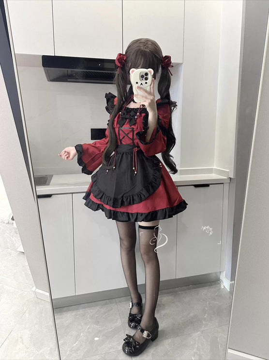 Gothic - Lolita Dress: Red & Black Charm with Frills and Lace - Up Detail