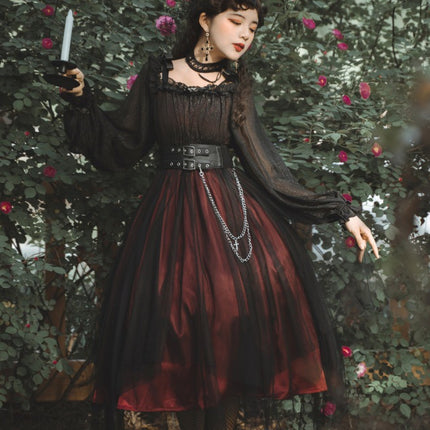 Vintage Square Neck Dark Gothic Black Lolita OP Dress Mid & Long Length