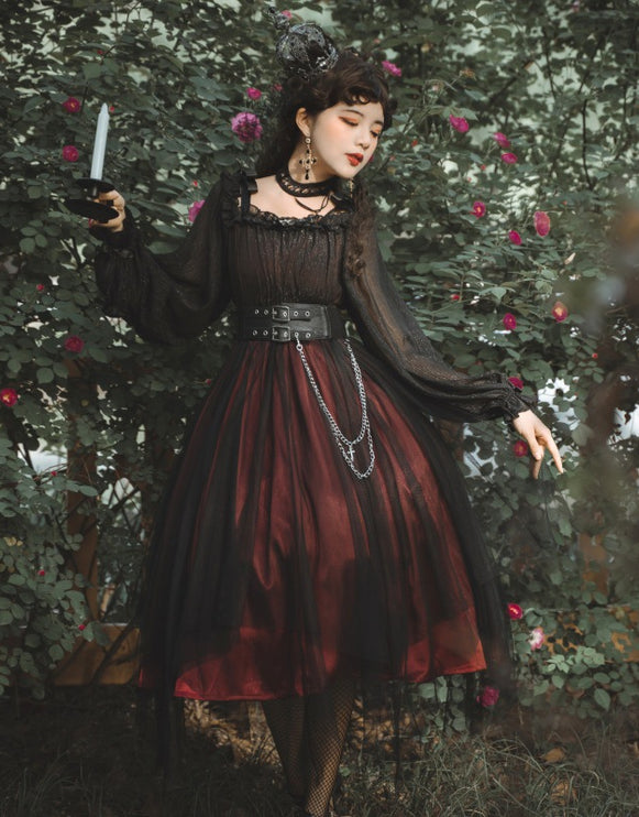 Vintage Square Neck Dark Gothic Black Lolita OP Dress Mid & Long Length