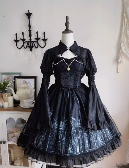 [Silent Night Church] Dark Gothic Elegance Lolita Dress with Lace and Pearl Accents