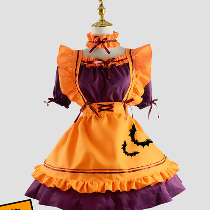 S-3XL Enchanting Halloween Lolita Maid Costume with Bat Applique and Ruffled Trim Skirt