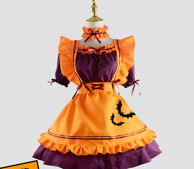 S-3XL Enchanting Halloween Lolita Maid Costume with Bat Applique and Ruffled Trim Skirt