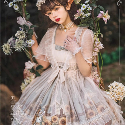 Vintage Floral Lolita Dress with Tulle Layers, Off - the - Shoulder Sleeves & Delicate Headpiece