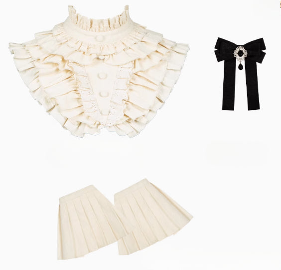 Black & Cream Whimsical Lolita Dress – Adjustable Bows & Multi-Tiered Lace Skirt