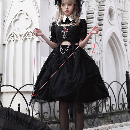 Gothic Black Rose Embroidery Cut-Out Blouse with Asymmetrical Lolita Dress Set