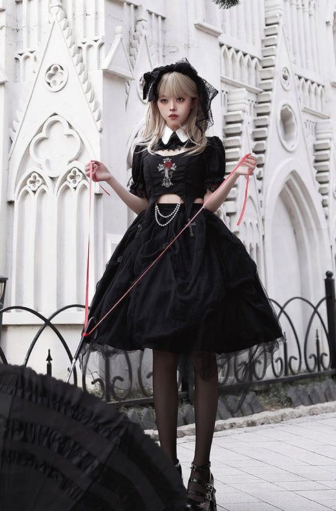 Gothic Black Rose Embroidery Cut-Out Blouse with Asymmetrical Lolita Dress Set