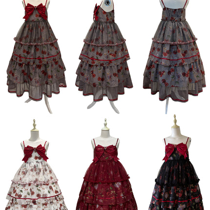 S-2XL Cherry Blossom Delight Lolita Dress – Sweet Vintage Print JSK/OP in Black, Red, Gray & White