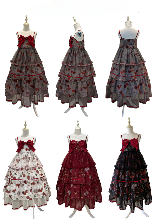 S-2XL Cherry Blossom Delight Lolita Dress – Sweet Vintage Print JSK/OP in Black, Red, Gray & White