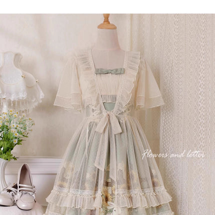 Vintage Floral Lolita Dress with Tulle Layers, Off - the - Shoulder Sleeves & Delicate Headpiece