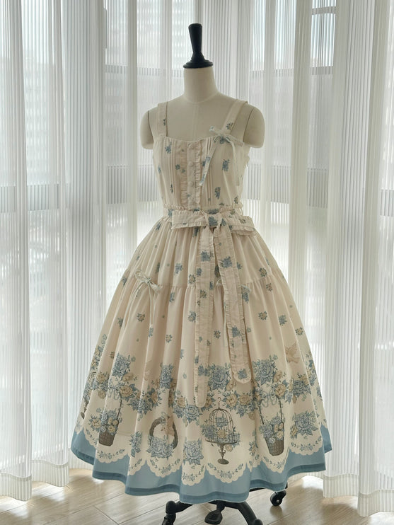 Bluebird Garden Lolita JSK – Elegant Floral Print Cla Series Dress with Waist Tie and Scalloped Hem